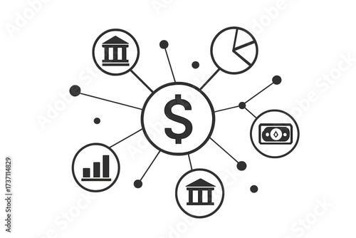 Financial ecosystem concept. Centralized finance hub with connections to banking, investment, market analysis, and money. Fintech network infographic for business transactions.