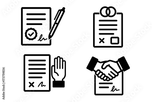 Contract and agreement icon set. Legal document, obligation concept, last will, prenup terms, and settlement agreement signing. Vector pictograms for business deals and law.