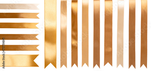 Big collection of golden satin ribbons, smooth straight tapes. Cut out image of glossy silk ribbons for holiday gift box, decor.	