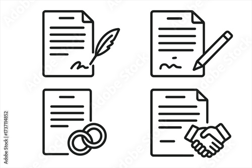 Contract creation vector icon set. Signing legal documents, last will, and testament. Prenuptial agreement, business deal, partnership handshake, and settlement terms concept.