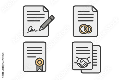 Contract creation and legal document icon set. Vector concepts for signing papers, last will, prenuptial agreement, certified document, settlement, and partnership handshake.