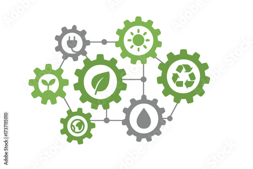 Ecology mechanism vector concept. Abstract background with connected gears and icons. Eco friendly, sustainable development, green energy, environment, recycle, bio, global.