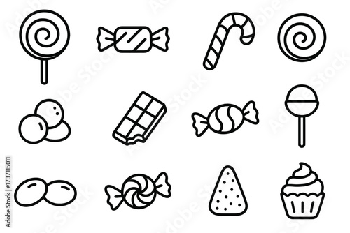 Candy and sweets outline icon set. Confectionery collection. Simple line art. Vector dessert symbol. Lollipop, chocolate bar, cupcake, bonbon. Food illustration. Web icon.