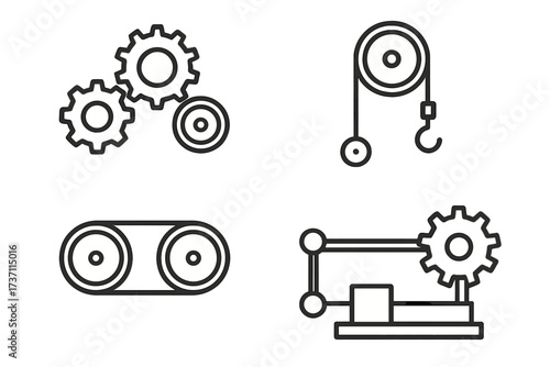 Mechanics and engineering line icon set. Gear, cog, pulley, and belt drive symbols. Physics, machine parts, and industrial process vector icons for technology and manufacturing.