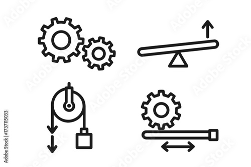 Physics icon set. Mechanics principles. Simple machine illustrations. Force, motion, energy. Gear, cog, lever, pulley, rack and pinion. Engineering and science vector symbols.