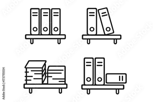 Office binders and document files on shelf outline icon set. Vector line art symbols for archive, data storage, paperwork management, and business organization. Editable stroke.