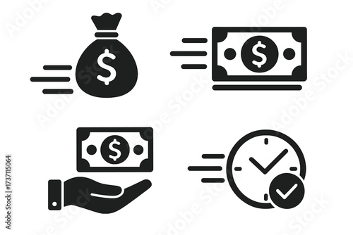 Fast cash loan icon set. Quick money transfer and timely payment symbols. Financial services concept for business. Express credit, instant payment, and financial solution vector.