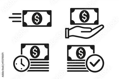 Fast cash loan icon set. Quick money transfer, financial services. Timely payment, income verification, approved transaction concepts. Finance and business solution vector.