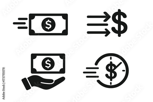 Fast cash loan icon set. Quick money transfer. Timely payment and financial solution. Business finance service for sending or receiving funds. Instant credit or salary concept.