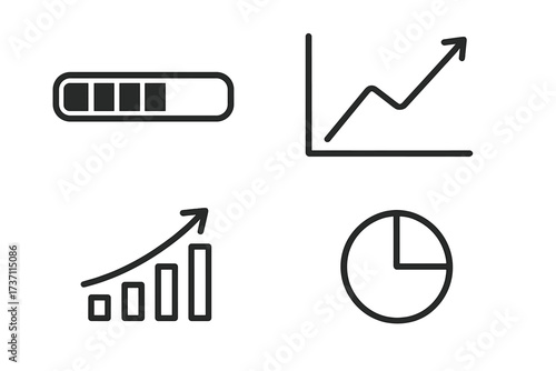 Business analytics and data visualization icon set. Vector line art icons of growth chart, progress bar, graph diagram, and pie chart for reports and infographics. Financial success.
