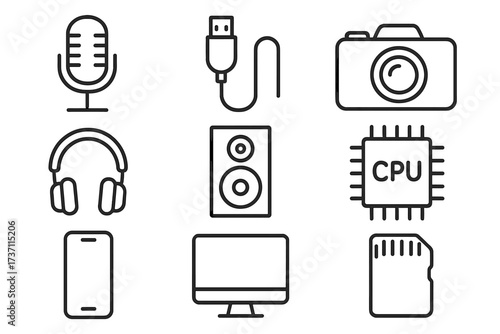 Technology icon set. Electronics and devices line icons. Microphone, camera, headphones, smartphone, computer monitor, speaker, CPU, usb cable, memory card. Editable stroke.