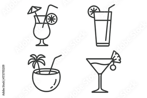 Beach cocktail line icon set. Tropical summer drink vector collection. Outline icons of coconut drink, martini, juice glass with fruit, straw and umbrella for party menu.