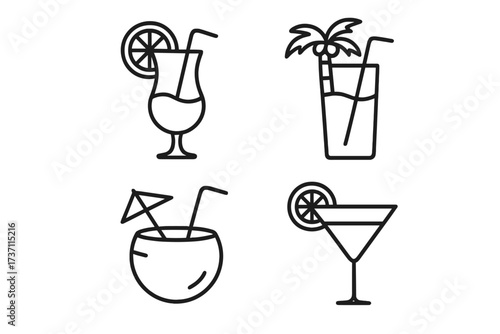 Beach cocktail line icon set. Tropical summer drinks. Editable stroke vector illustration for party, vacation, bar menu. Coconut, martini, palm tree & citrus garnish icons.