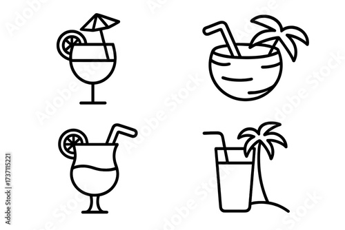 Beach cocktail line icon set. Tropical summer drink collection. Vacation party outline symbols. Vector illustration with editable stroke for easy customization.
