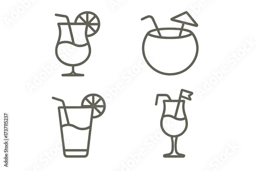 Beach cocktail line icon set. Summer vacation drinks collection. Editable stroke vector symbols for a bar menu or party invitation. Tropical juice, coconut drink and alcohol icons.