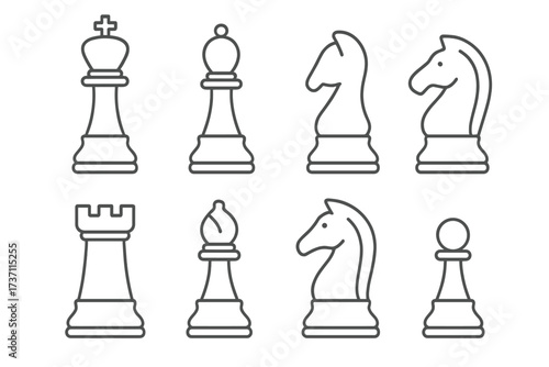 Chess outline icon set. Line art collection of chessmen figures. King, rook, bishop, knight, pawn. Vector symbol for strategy, business tactics, competition, logic. Editable stroke.
