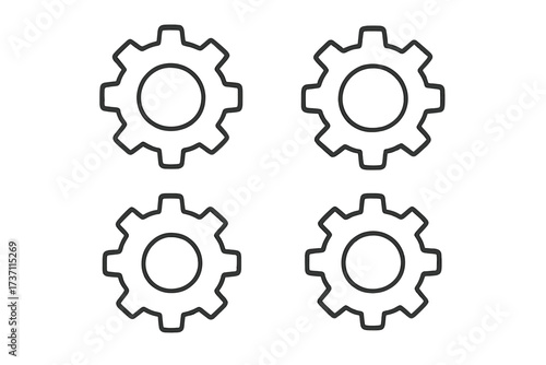 Gear icon set. Cogwheel symbol for settings, configuration or options. Vector outline graphic for web design, logo, app, UI. Technical mechanical process. Teamwork concept.