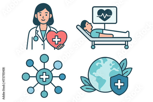 Healthcare icon set. Medical, health, care, medicine, network and global concepts. Doctor, patient, hospital, EKG monitor, and world protection shield. Flat vector illustration.