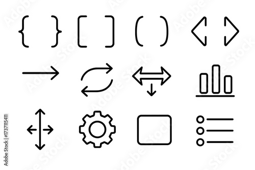 UI UX line icon set. Essential vector symbols for interface design. Includes brackets, arrows for navigation, gear for settings, chart, graph, list menu. Editable stroke.