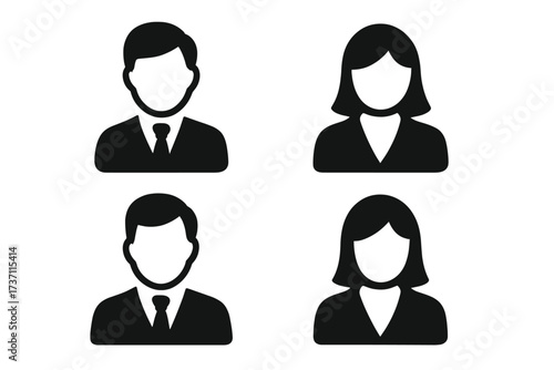 User profile icon set with male and female business people avatars. Simple flat vector pictogram for member profiles, user interface, contact list, and group or team pages.