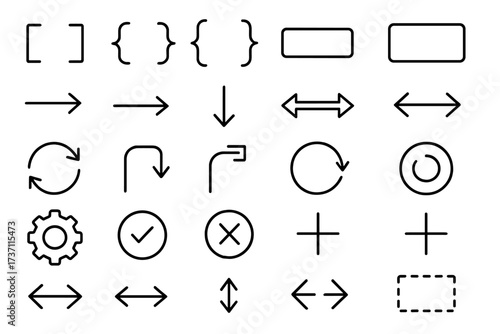UI & UX line icon collection. Arrows, check, cross, settings gear, plus symbols. Editable stroke vector set for app interface, web design, presentations, and infographics.