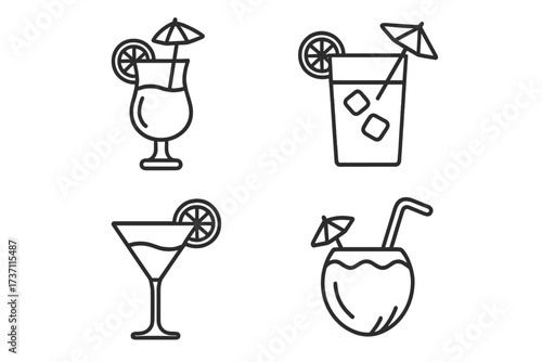 Tropical cocktail line icon set. Summer party drinks vector collection. Coconut drink, martini, juice glass. Editable stroke for bar menu, flyer, web design. Outline icons.
