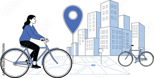 Woman riding bicycle in the city with location pin, vector illustration