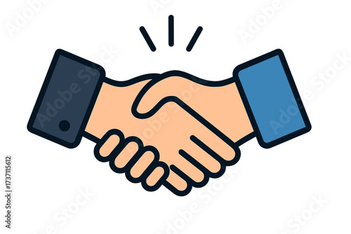 Handshake vector icon. Business deal success symbol. Partnership agreement and cooperation concept. Shaking hands for a good deal or greeting. Flat design illustration.