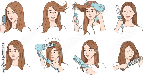 Woman drying her hair with hair dryer and brush isolated on white background