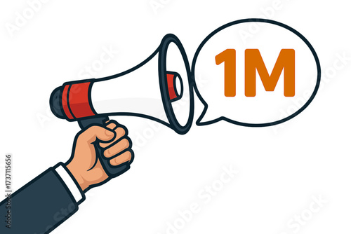 Hand holding megaphone with 1M speech bubble. One million followers, subscribers celebration. Thank you banner for social media. Business, marketing goal achievement concept.