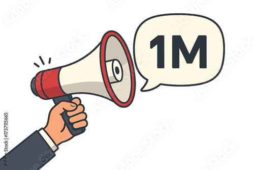 1M followers celebration. Hand holding megaphone with one million in a speech bubble. Loudspeaker for business, marketing, advertising. Thank you banner for social media. Vector.
