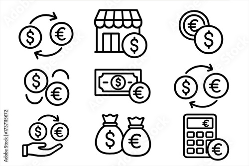 Currency exchange icon set. Dollar and Euro money conversion. Finance, banking and payment concept. Thin line vector icons for web, infographic. Editable stroke financial symbols.