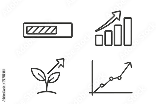 Progress and growth vector icon set. Outline symbols for business success, financial development, and investment concepts. Includes loading bar, bar chart, startup sprout, and line graph.