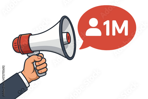 Hand with megaphone announcing 1 million followers. Social media marketing success. Influencer milestone celebration. Business promotion, advertising. Loudspeaker announcement concept.