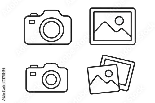 Camera and photo outline icon set. Vector line art collection. Photography, picture, image, gallery symbols. Editable stroke. Simple icons for web, UI, UX, mobile app.