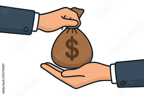 Businessman hand giving money bag to another person. Concept of payment, loan, investment or salary. Financial transaction, business deal. Banking, credit, donation, savings.