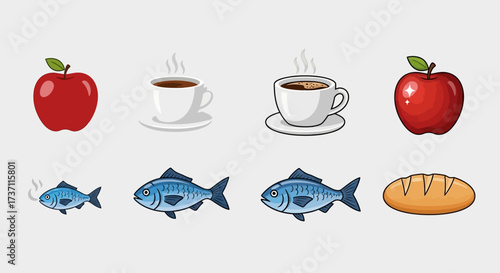 Enjoy a healthy balanced diet with fresh apples, freshly baked bread, tasty fish, and steaming coffee for a vibrant lifestyle and wholesome nutrition