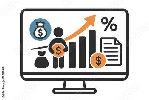 Financial high return on investment concept. Income increase strategy with revenue growth chart on screen. Fund raising, interest rate, loan installment and credit money.