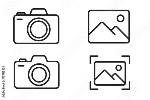 Photo camera and image outline icon set. Vector collection of photography symbols. Line art picture, gallery, and focus icons for web, app, and infographics. Editable stroke.