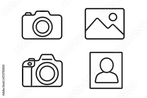 Photography icon set. Photo camera, landscape picture, and portrait avatar outline symbols. Editable stroke line art for web design, UI, UX, and infographics. Vector pack.