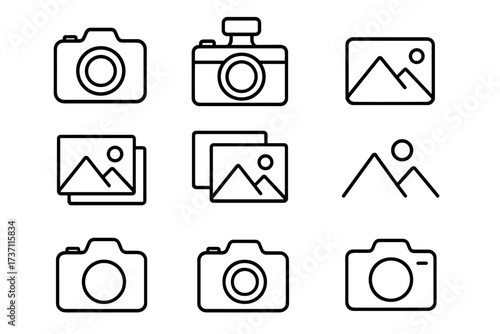 Camera and photo line icon set. Photography symbol, picture gallery, and image album collection. Simple outline vector illustration with editable stroke for web, ui, ux design.