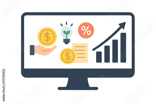 Income increase strategy on monitor. Financial high return on investment concept. Fund raising and revenue growth. Interest rate, loan installment, credit money and analytics.