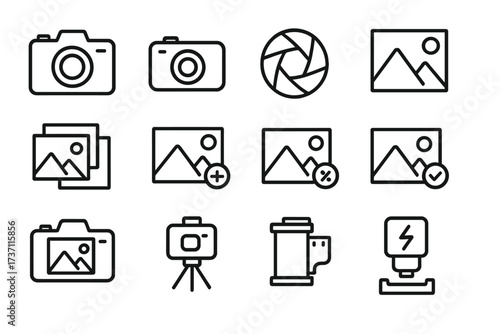 Photography line icon set. Camera, photo, and picture symbols. Vector collection for web and mobile UI design. Includes shutter, gallery, tripod, film, flash icons. Editable stroke.