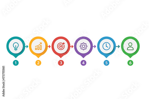 Infographic template with 6 steps. Business timeline or workflow diagram. Process chart with colorful circle pointers and icons. Presentation for web design or business plan.