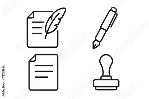 Document and quill pen outline icon set. Editable stroke vector collection of legal contract, history, and writing symbols. Fountain pen, notary stamp, and paper icons.