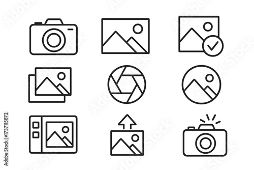 Camera and photo thin line icon set. Photography and picture related symbols. Editable stroke vector pictogram pack for website, app, ui, ux. Includes gallery, upload, flash.
