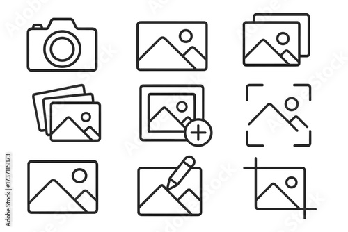 Photography and image icon set. Vector line art collection with camera, picture gallery, add photo, edit image, and crop tool symbols. Editable stroke for UI and web design.