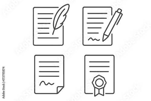 Document line icon set. Contract signing with quill and pen. Certificate with award seal and signature. Editable stroke vector for legal agreement, diploma, and official papers.