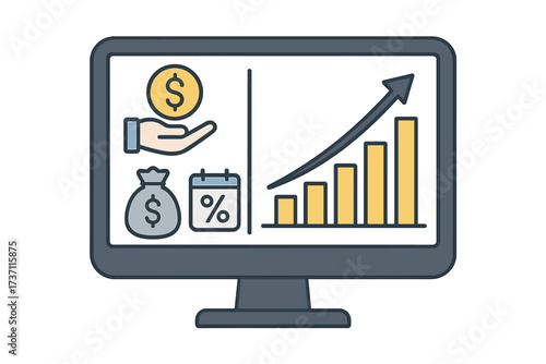 Financial high return on investment concept on monitor screen. Income increase strategy, revenue growth chart, and fund raising report. Business profit and loan interest rate.