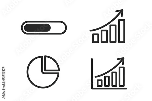 Progress bar loading icon. Growth chart success concept. Financial graph analysis. Data visualization diagram. Pie chart statistics. Infographic business elements vector set.